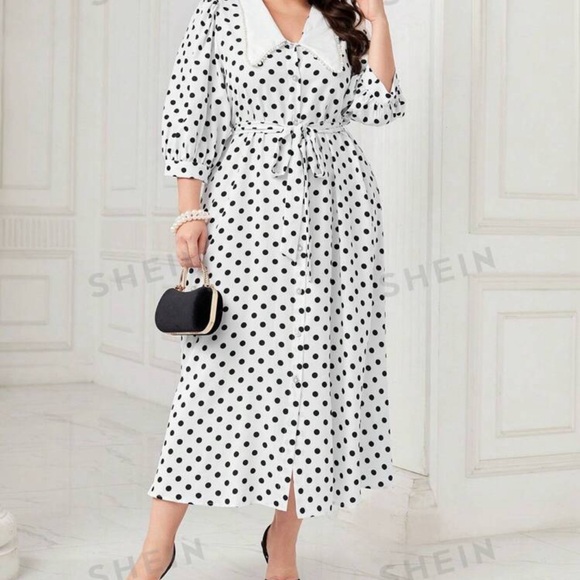 Polka dot print contrast collar belted dress - Picture 3 of 4